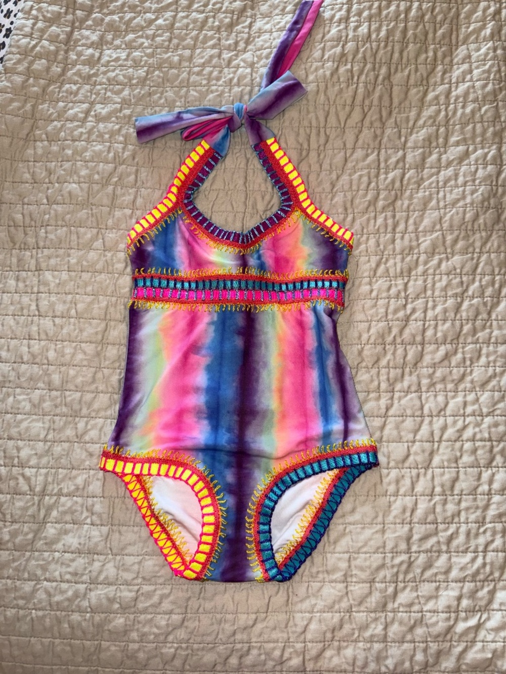 PQ Swim girls size 2 tie dye rainbow embroidered one piece swimsuit